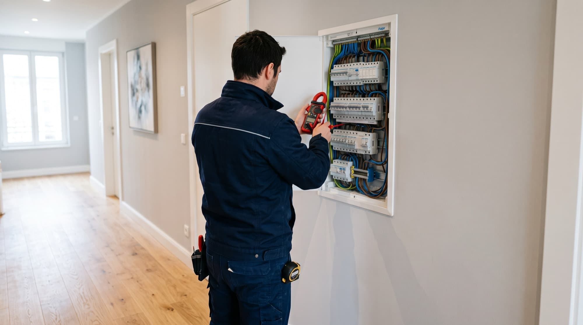 Électricien contrôlant un tableau électrique à l'aide d'une pince ampèremétrique