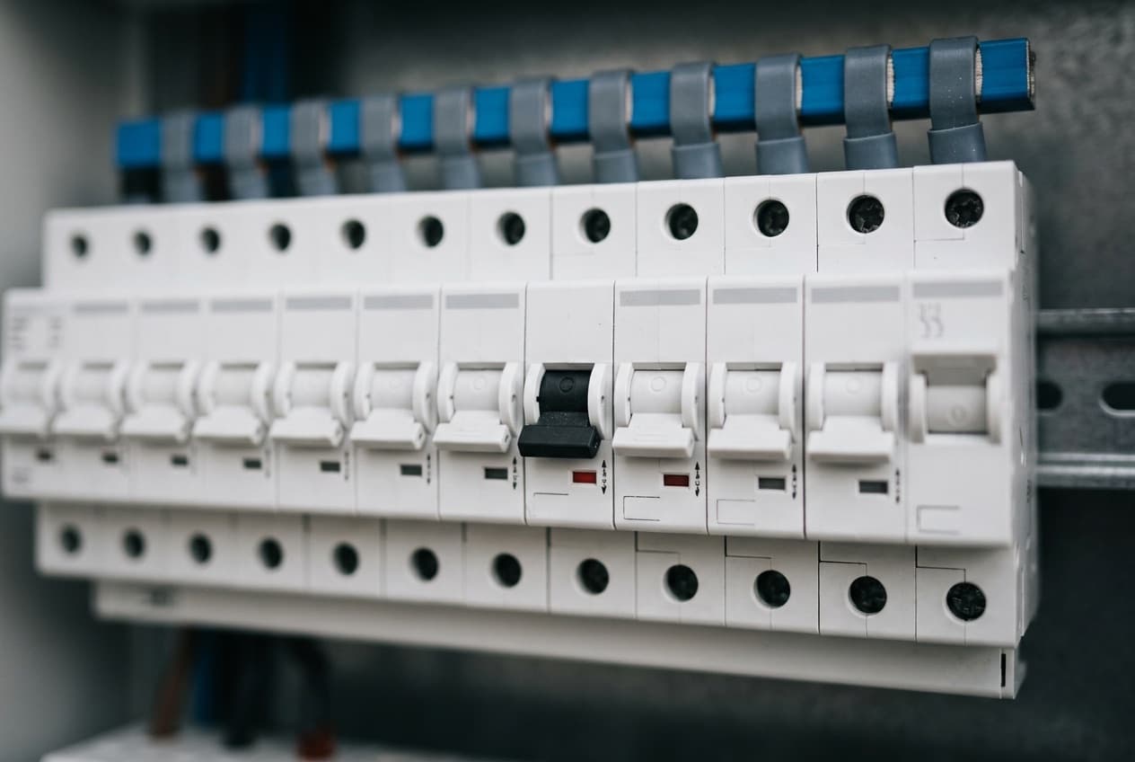 Rangée de disjoncteurs modulaires dont un est en position basse