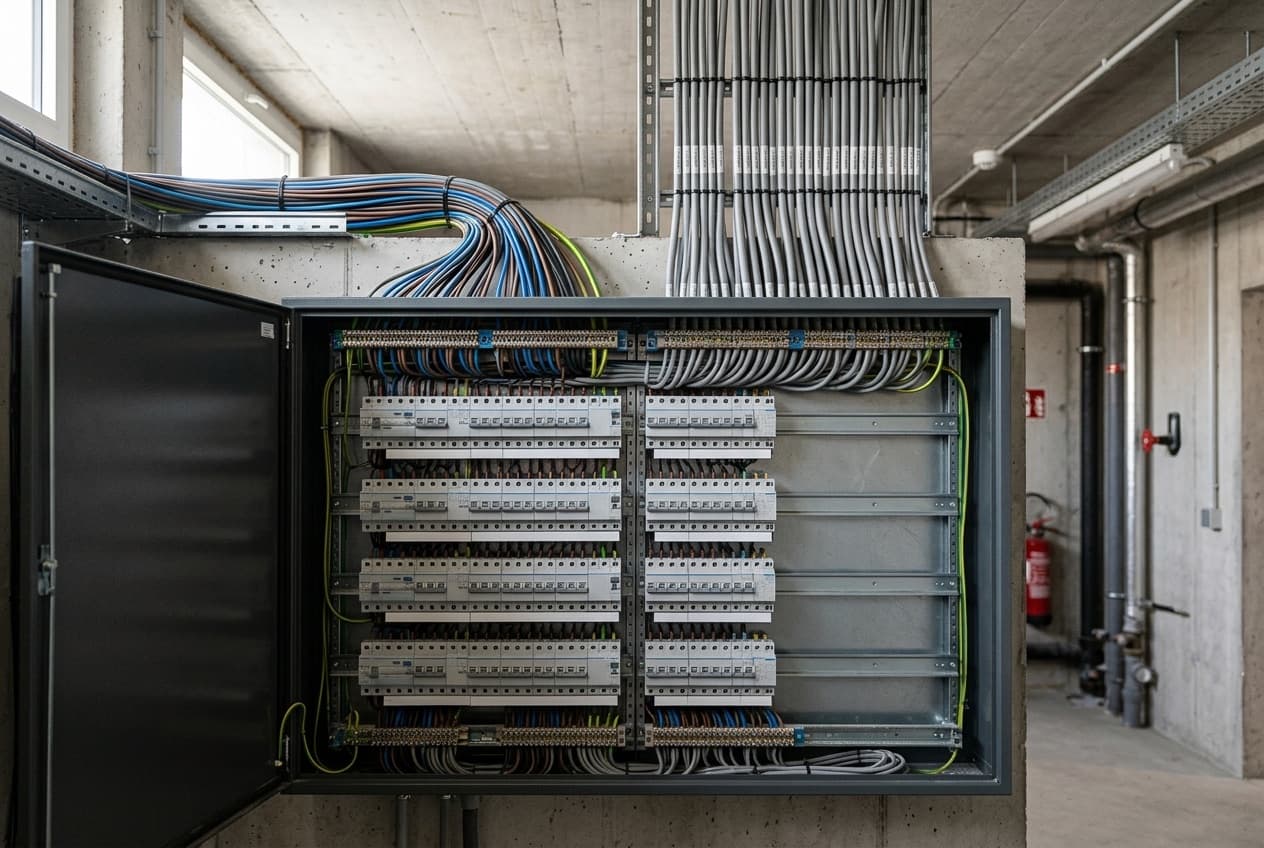 Tableau électrique général dans un local technique d'immeuble, circuits repérés par étiquettes