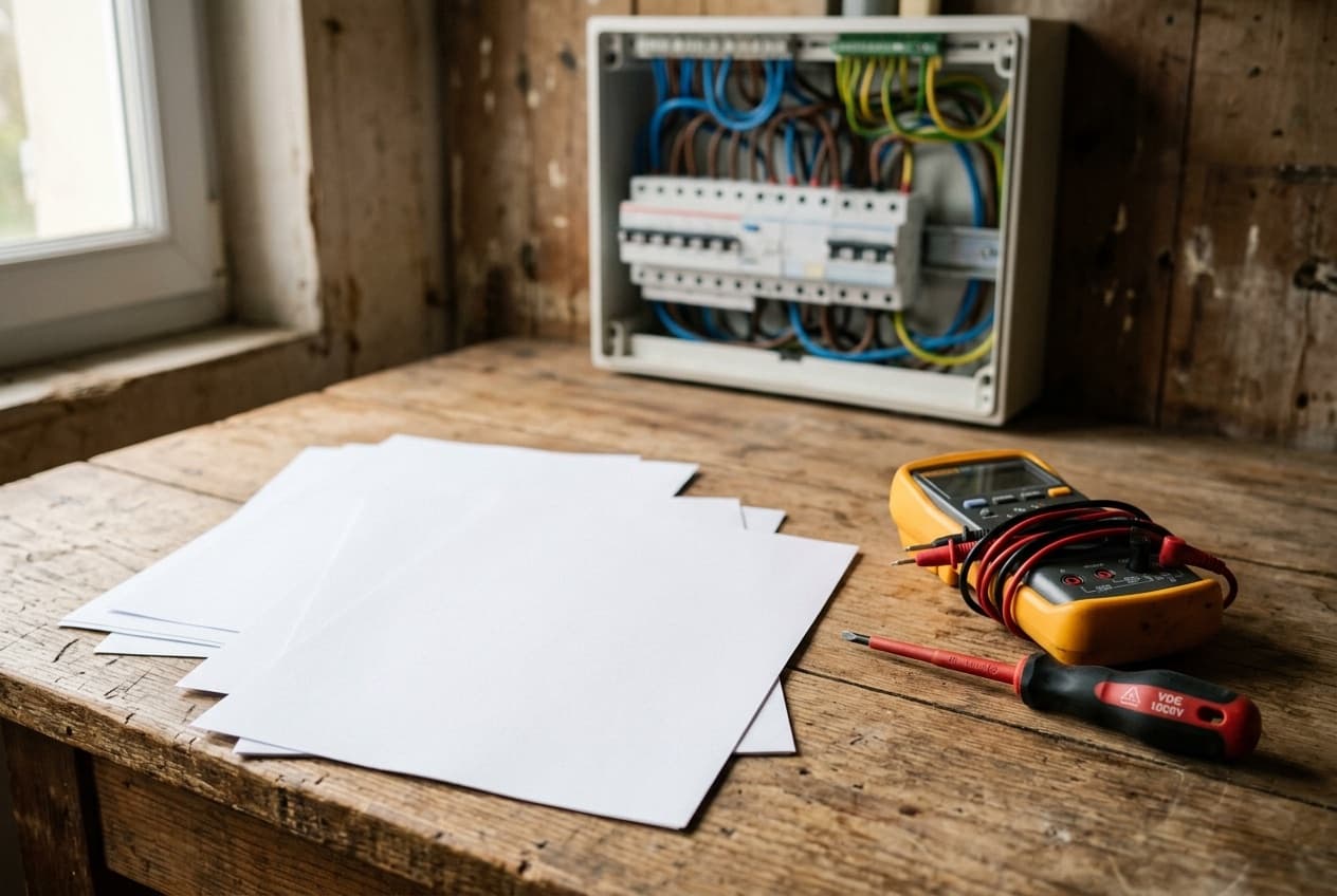 Rapport de diagnostic électrique posé sur une table devant un tableau ouvert
