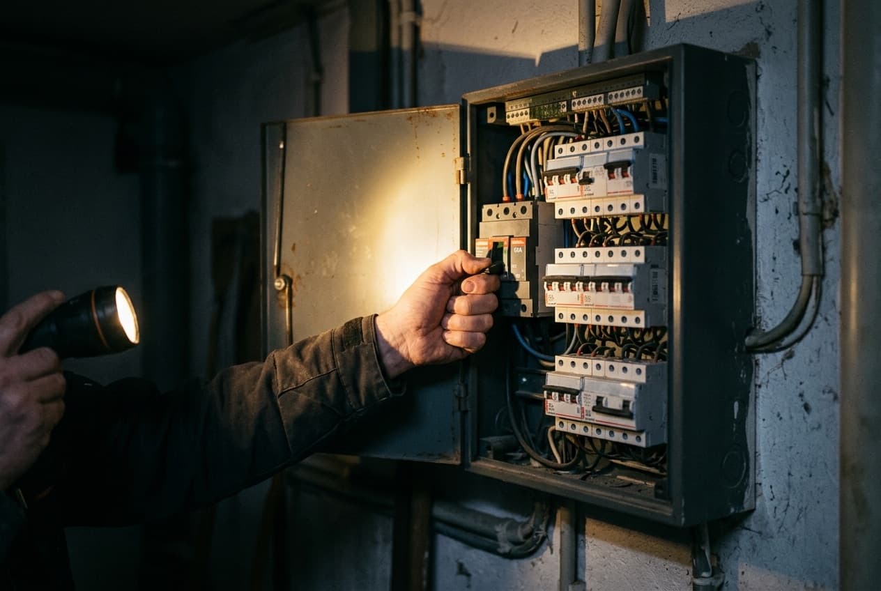 Tableau électrique domestique ouvert, main s'apprêtant à réarmer un disjoncteur général