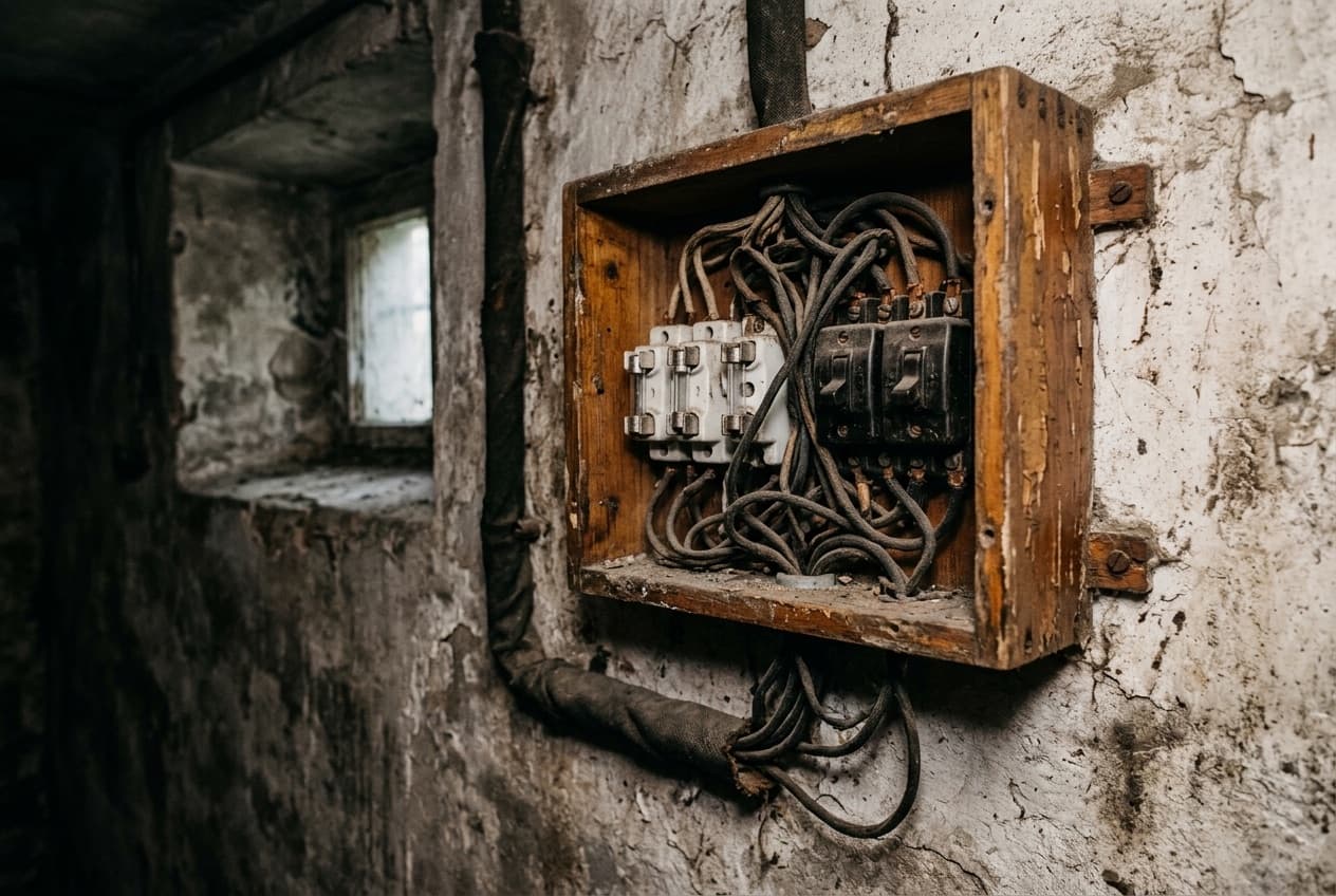 Ancien tableau électrique à porte-fusibles, câblage désordonné dans un coffret ouvert