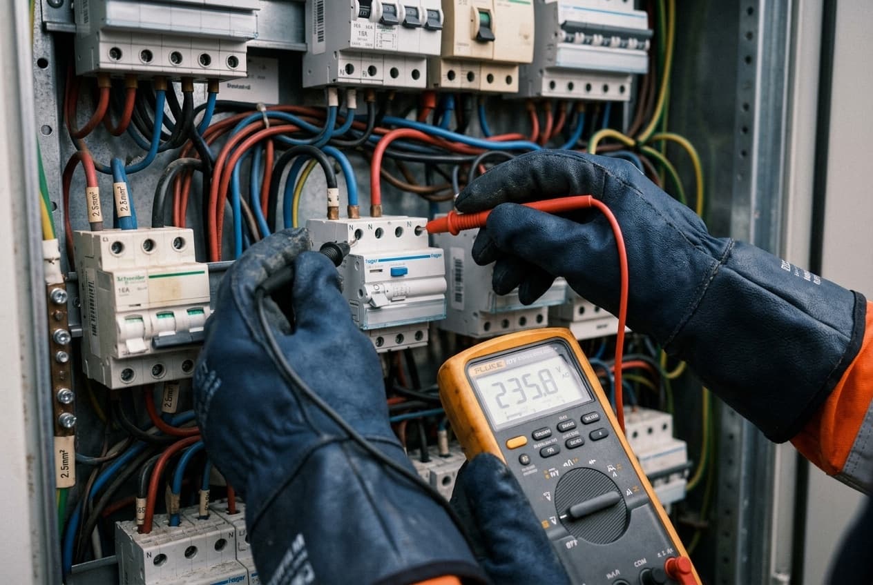 Mains gantées mesurant la tension sur un circuit au multimètre devant un tableau ouvert