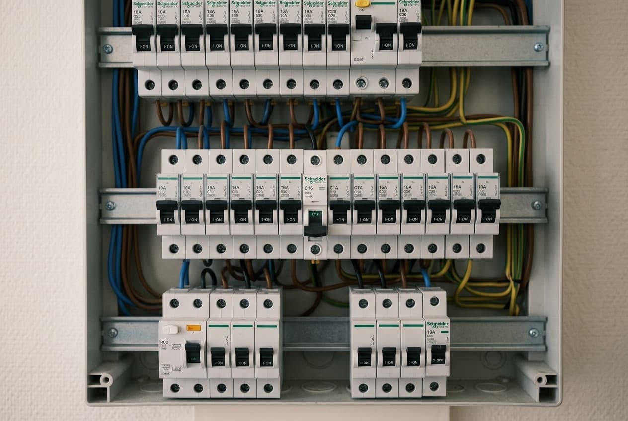 Tableau électrique résidentiel ouvert, un disjoncteur divisionnaire en position basse
