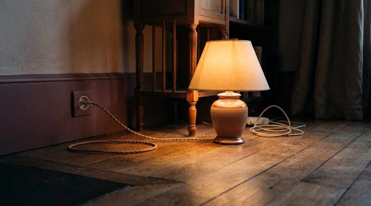 Prise électrique testée avec une lampe de chevet dans un salon après une coupure de courant