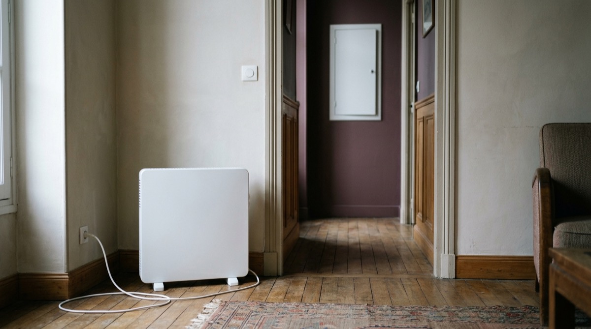 Radiateur d'appoint électrique branché dans un salon, tableau électrique visible en arrière-plan