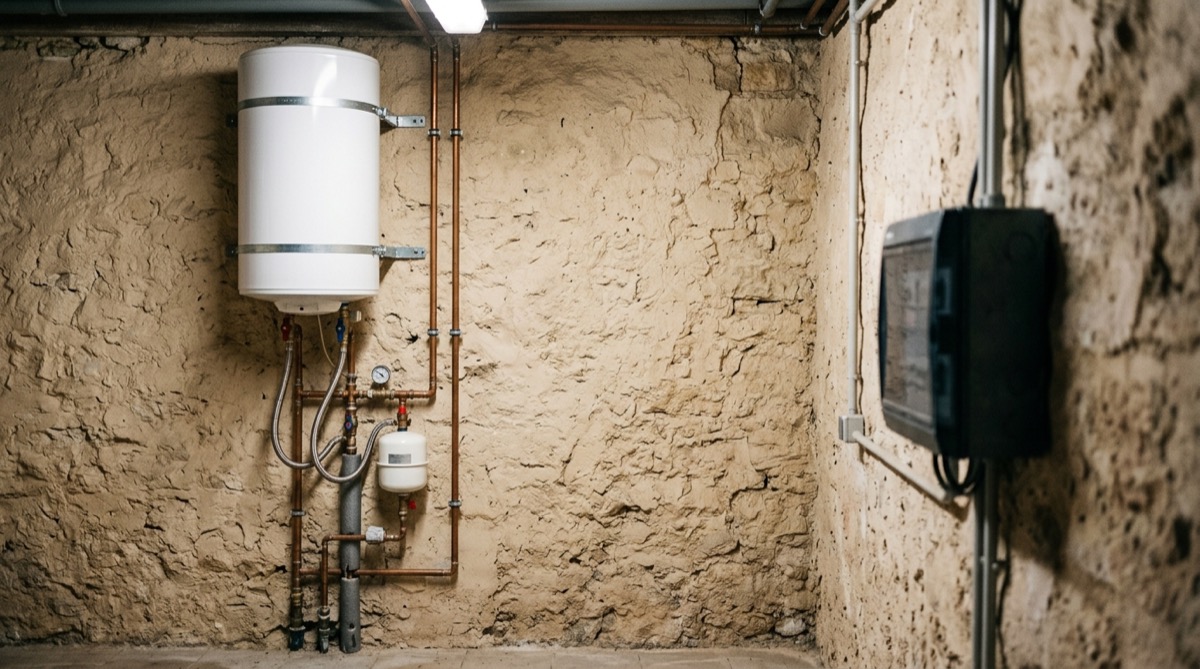 Chauffe-eau électrique mural dans un local technique, tableau visible en arrière-plan