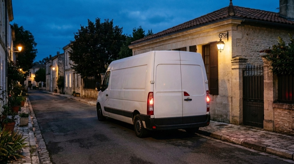 Camionnette d'intervention électrique garée devant un pavillon en soirée, quartier résidentiel de Dijon