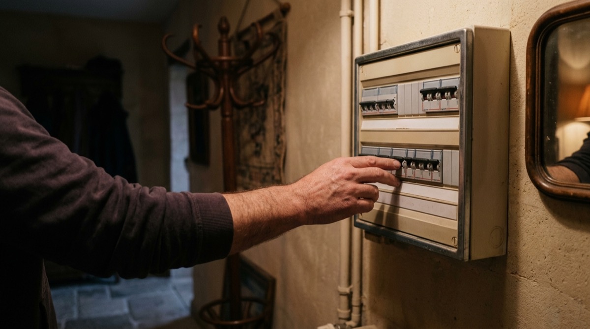 Tableau électrique domestique avec une main posée sur un disjoncteur, éclairage de soirée