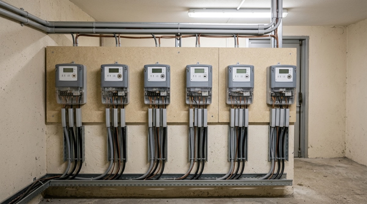 Compteurs électriques individuels alignés dans un local technique de copropriété