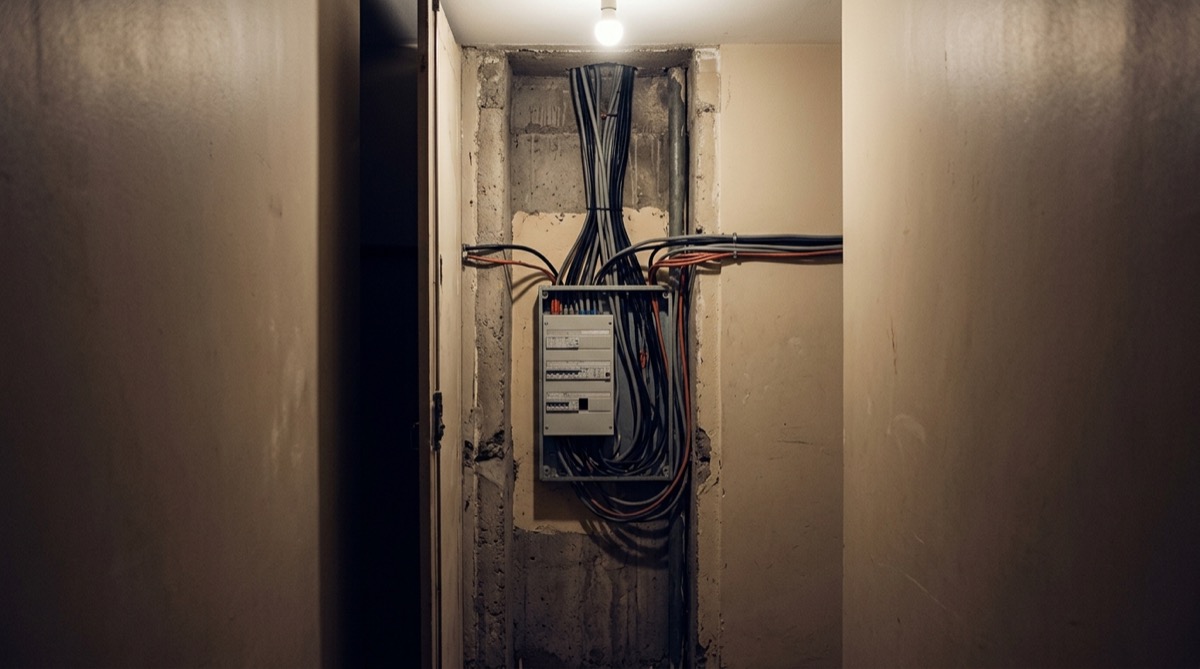 Panneau électrique général de l'immeuble dans une gaine technique de copropriété, plusieurs départs visibles