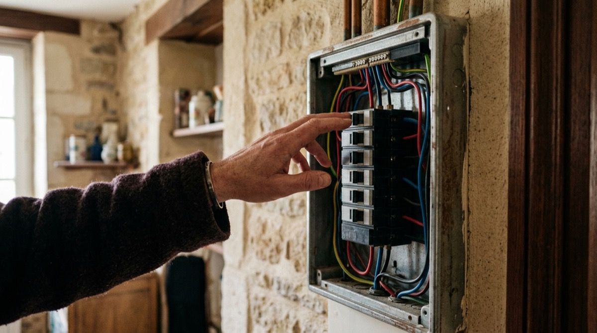 Main hésitant devant un tableau électrique ouvert, plusieurs disjoncteurs visibles