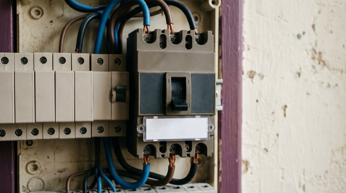Tableau électrique domestique avec disjoncteur général clairement identifié par une étiquette