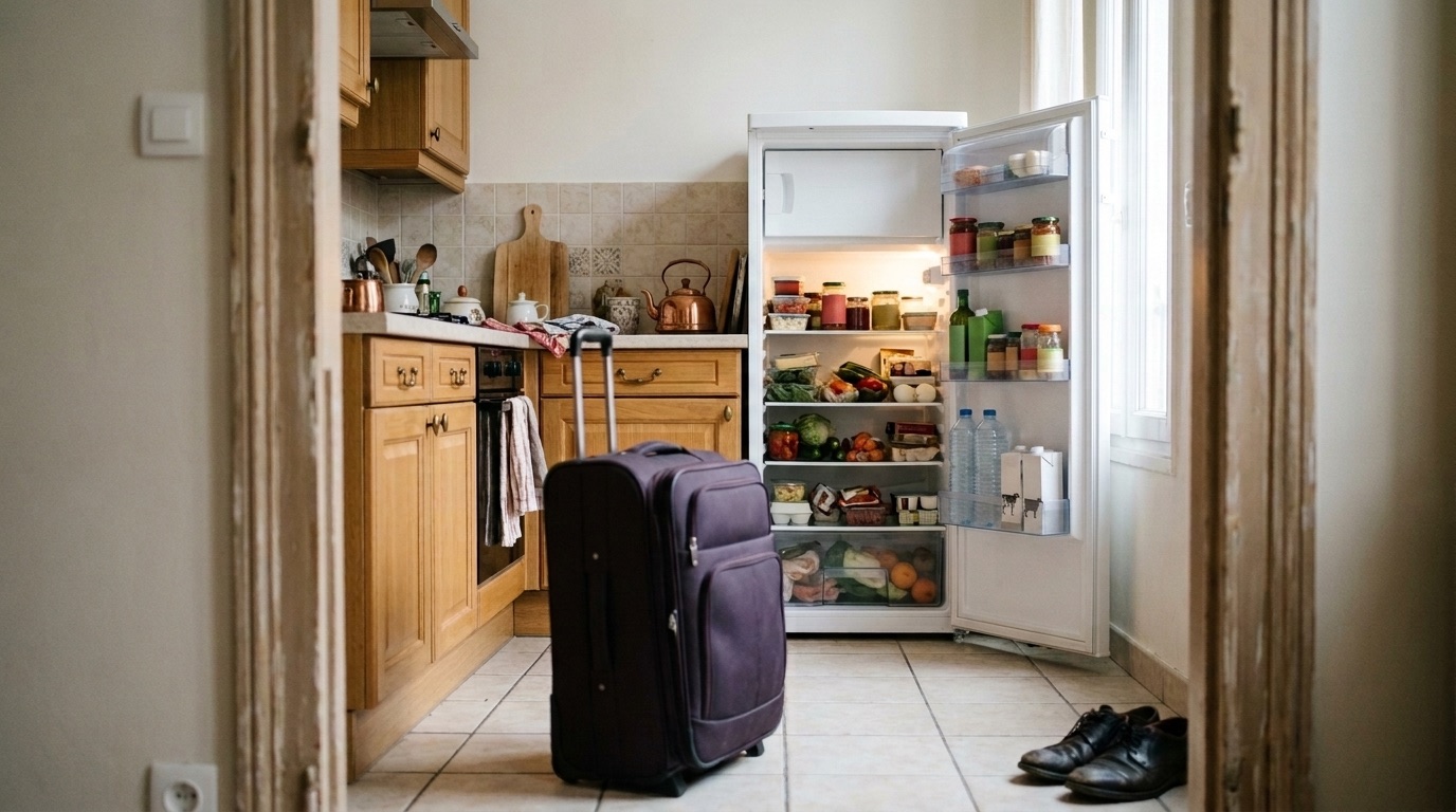 Réfrigérateur ouvert et éclairé dans une cuisine, valise posée au sol dans l'encadrement de la porte