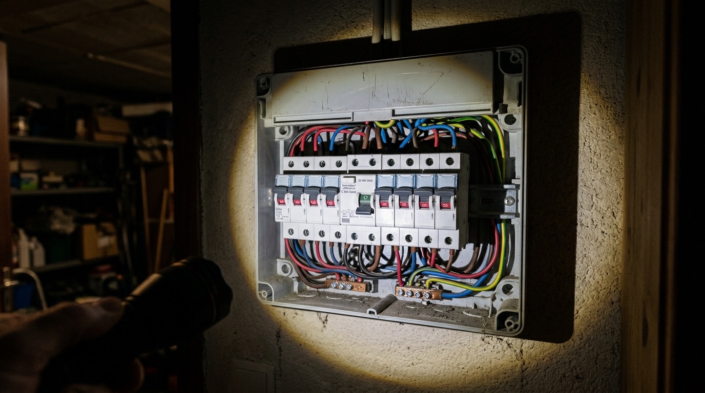 Tableau électrique domestique éclairé par une lampe torche, une manette d'interrupteur différentiel basculée vers le bas