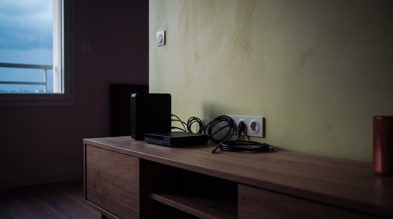 Box internet et cordons d'alimentation débranchés posés sur un meuble bas pendant un orage