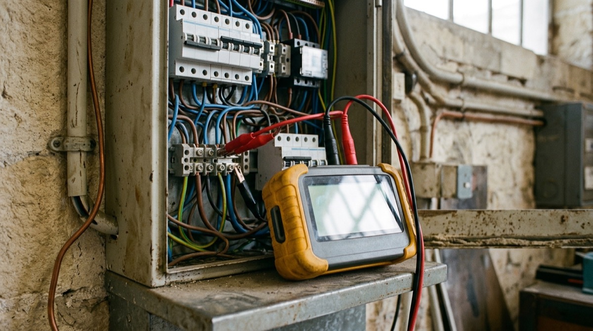 Testeur d'isolement électrique connecté à un tableau, affichage de mesure visible