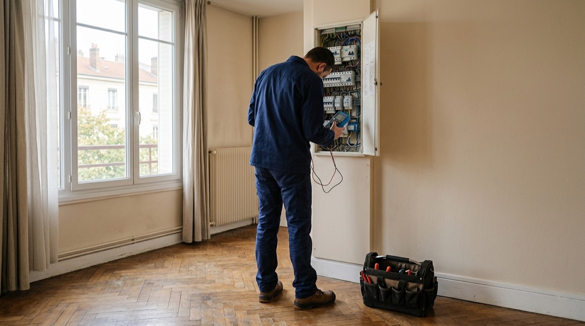 Diagnostiqueur électrique en train de contrôler un tableau ouvert avec un appareil de mesure, pendant une visite de bien