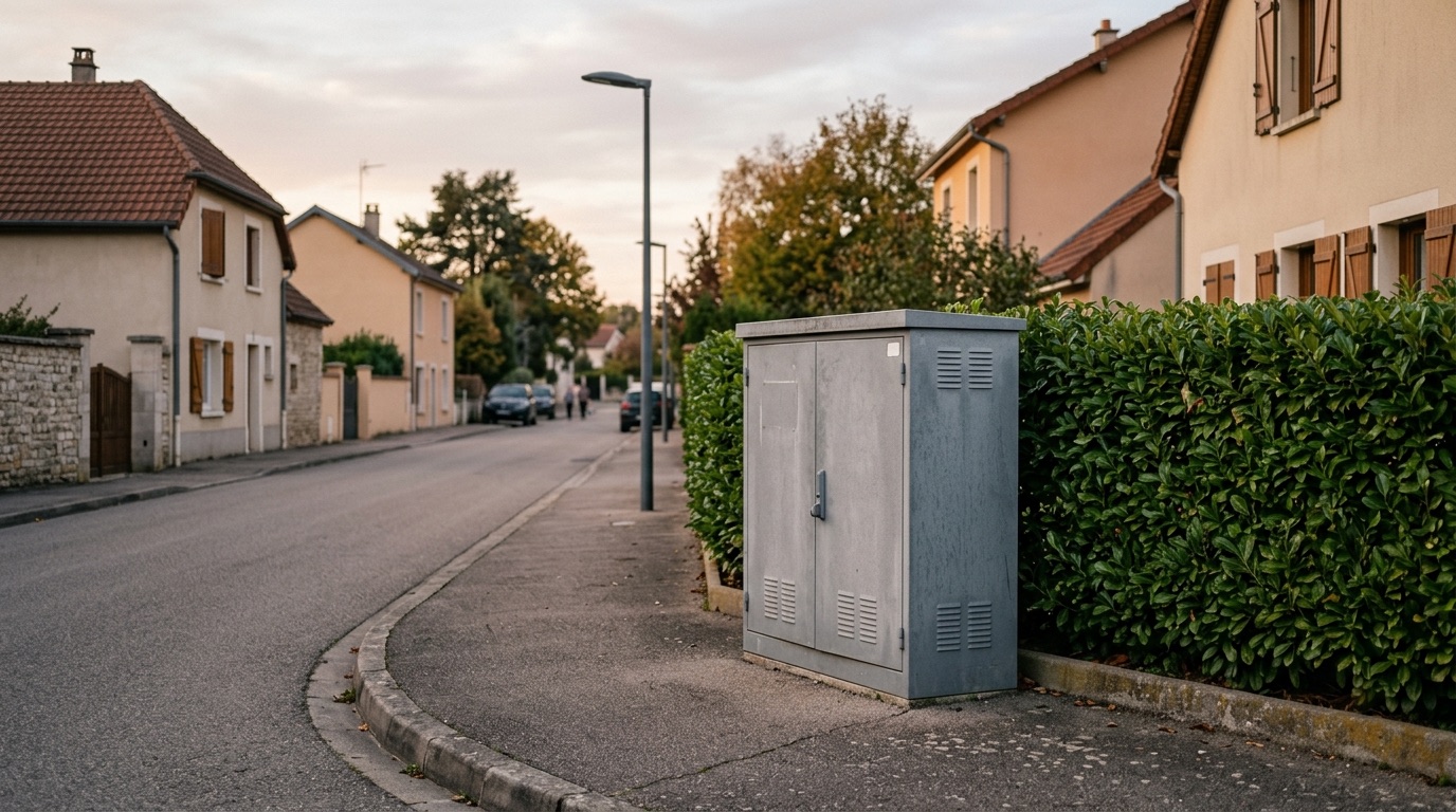Poste de distribution électrique de quartier en bordure de rue résidentielle, fin de journée