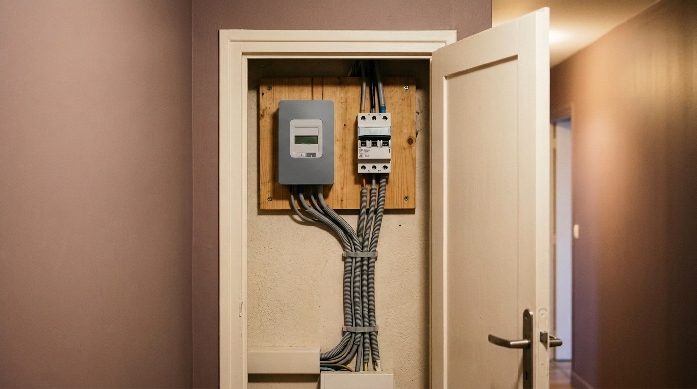 Compteur électrique et disjoncteur de branchement dans un placard technique d'entrée