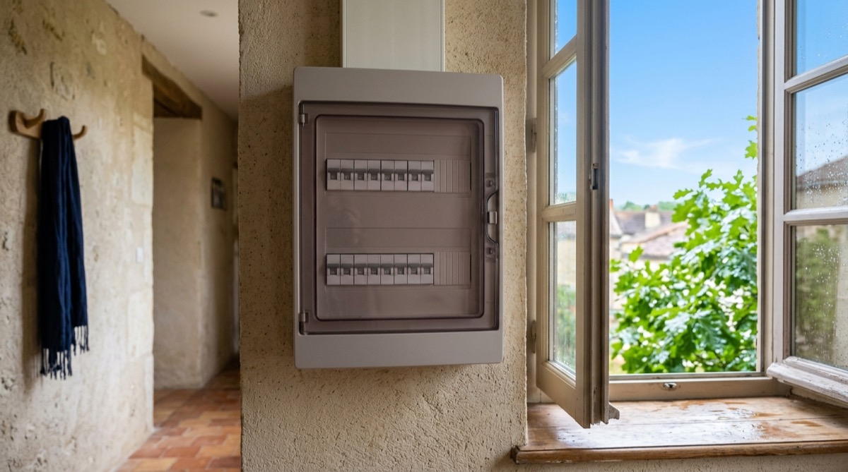 Tableau électrique calme après un orage, ciel dégagé visible par la fenêtre