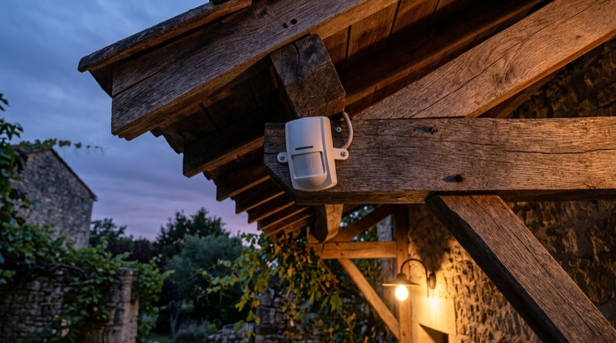 Détecteur de mouvement fixé sous un auvent de terrasse, éclairage extérieur allumé au crépuscule
