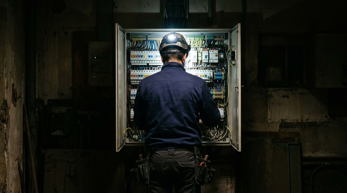 Électricien en intervention nocturne devant un tableau électrique ouvert, lampe frontale allumée