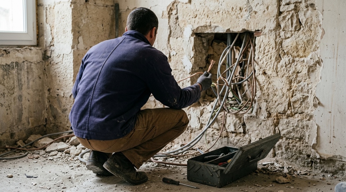 Électricien examinant un fil électrique dénudé avant travaux de rénovation, outils posés à proximité