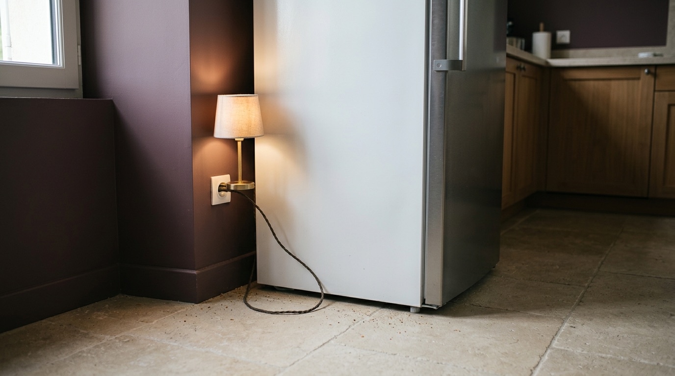 Prise de cuisine derrière un réfrigérateur, avec une lampe de test branchée à la place de l'appareil