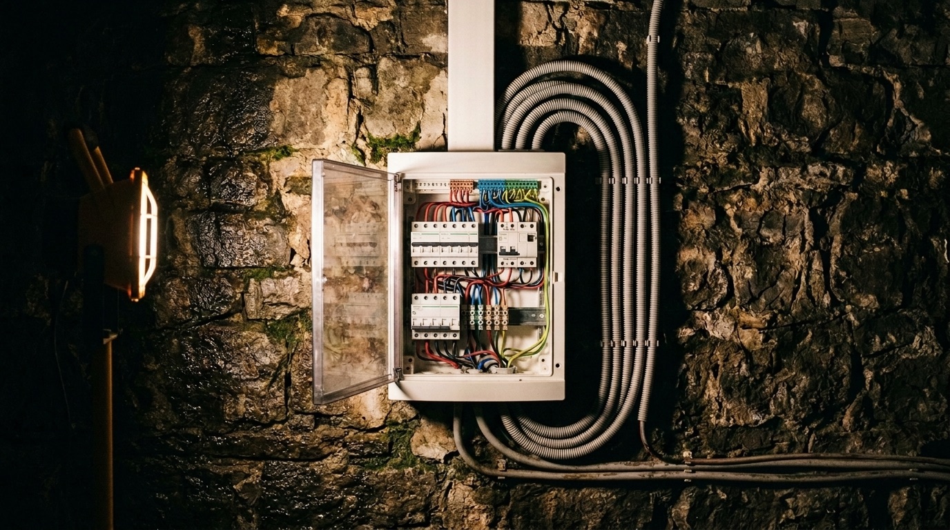 Tableau électrique fixé sur un mur de cave en pierre calcaire, éclairé par une lampe portative