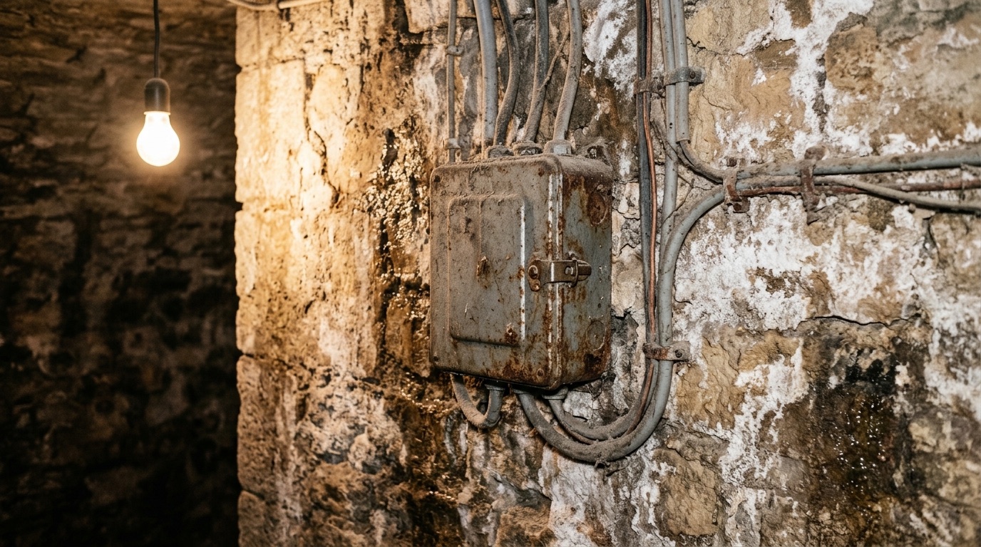 Cave voûtée en pierre avec traces d'humidité sur le mur et coffret électrique ancien