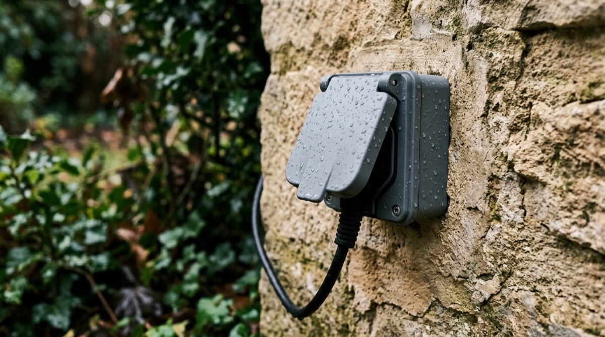 Prise électrique extérieure avec boîtier étanche fermé, fixée sur un mur de jardin