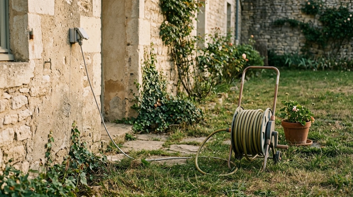 Jardin avec tuyau d'arrosage enroulé à distance d'une prise électrique extérieure fixée en hauteur sur un mur