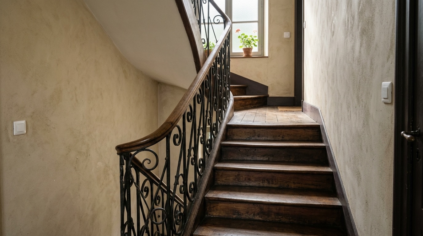 Cage d'escalier d'une maison ancienne avec un interrupteur en bas des marches, lumière naturelle