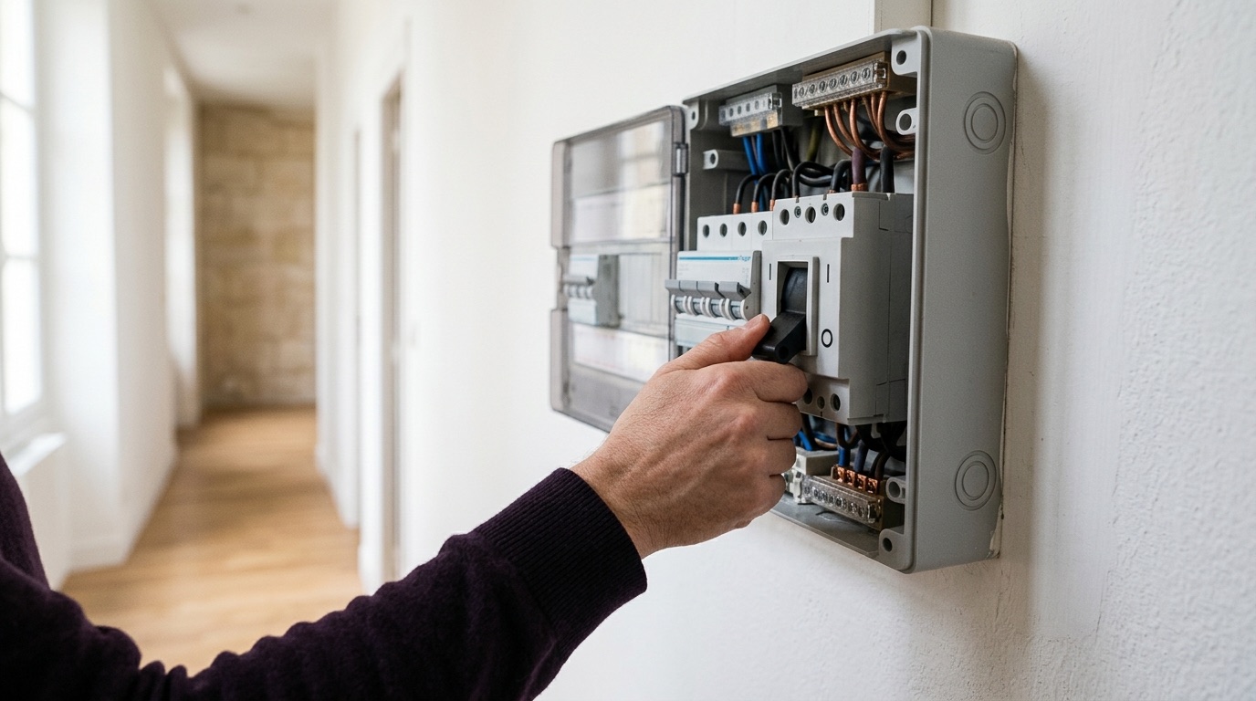 Main abaissant la manette du disjoncteur général dans un tableau électrique domestique