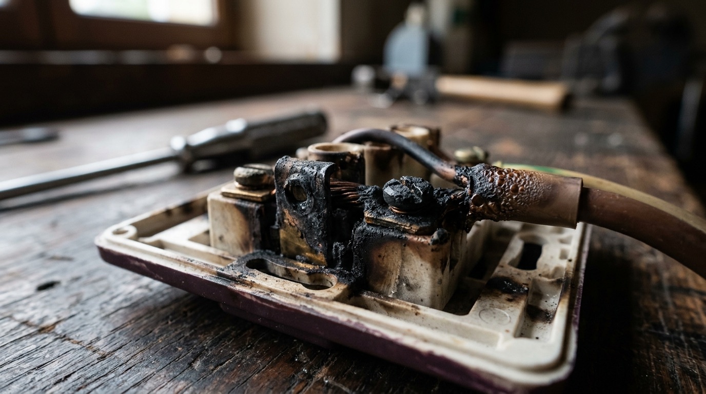 Bornes de connexion d'une prise démontée montrant un contact noirci et un conducteur roussi