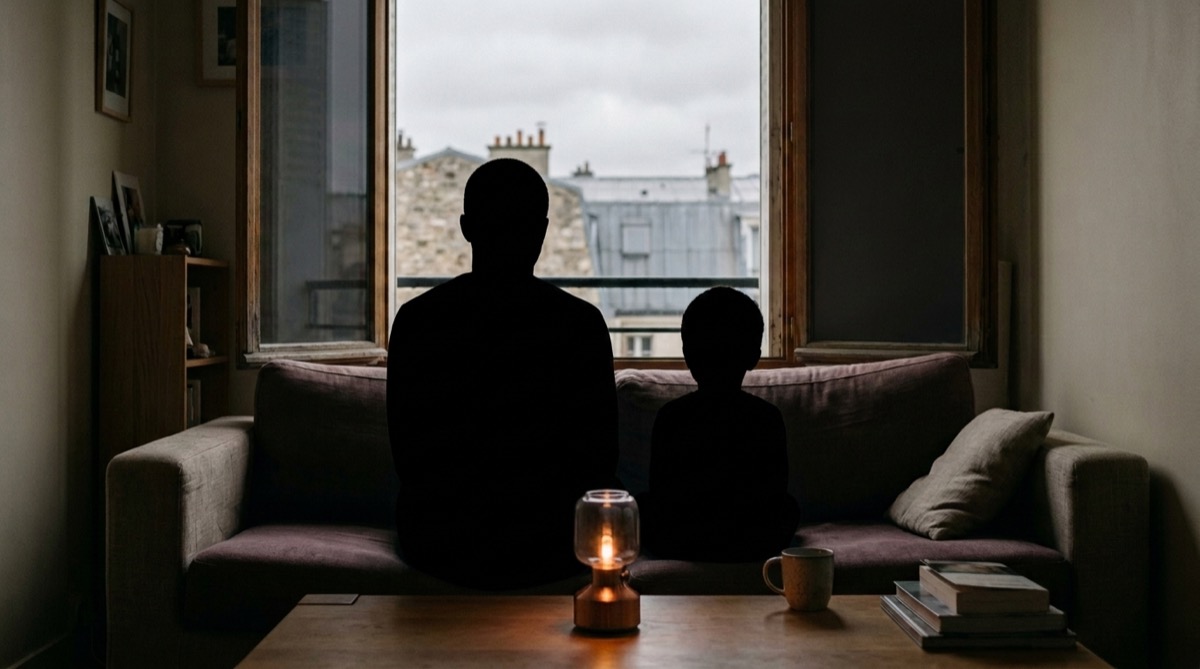 Parent expliquant calmement une panne de courant à un jeune enfant, à la lueur d'une lampe portable