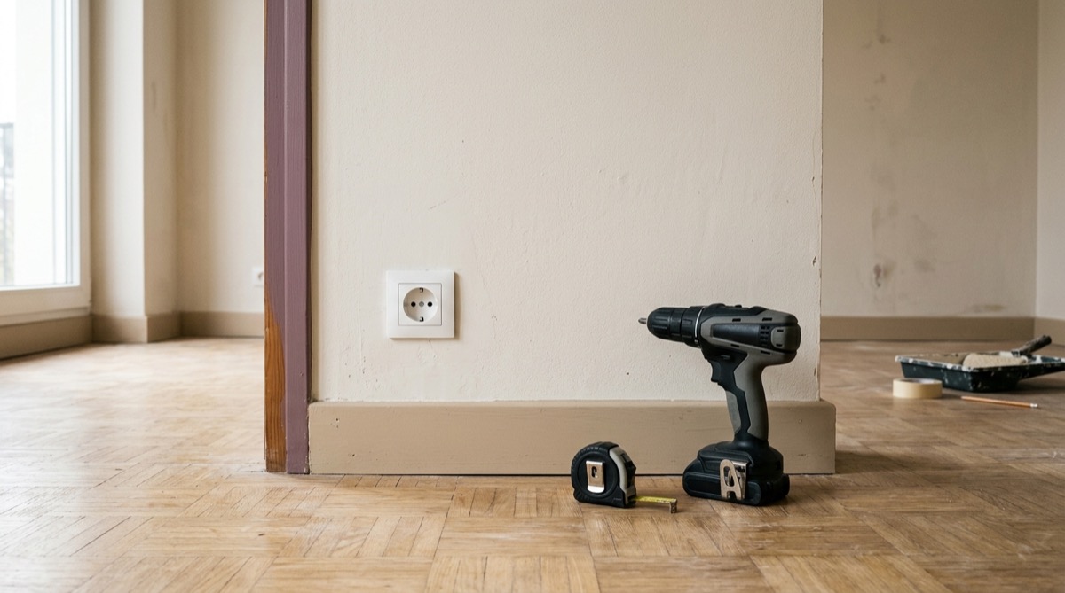 Mur intérieur avec une prise électrique existante et une perceuse posée à proximité, avant perçage