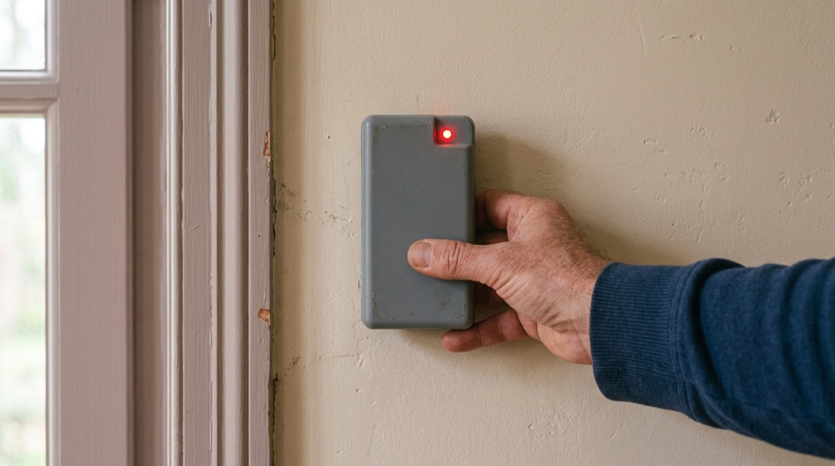 Détecteur de câbles électronique posé contre un mur, voyant d'alerte allumé