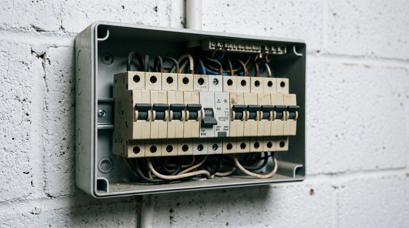Tableau électrique de maison avec un circuit repéré par une étiquette, une manette de disjoncteur en position basse