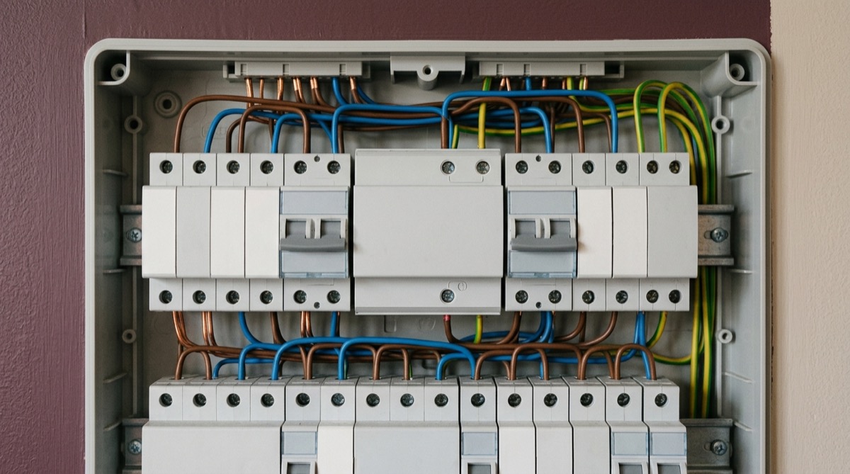 Parafoudre modulaire installé dans un tableau électrique, à côté des disjoncteurs différentiels