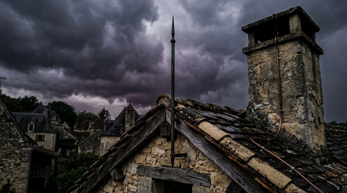 Paratonnerre visible sur le toit d'une maison ancienne, ciel d'orage en arrière-plan