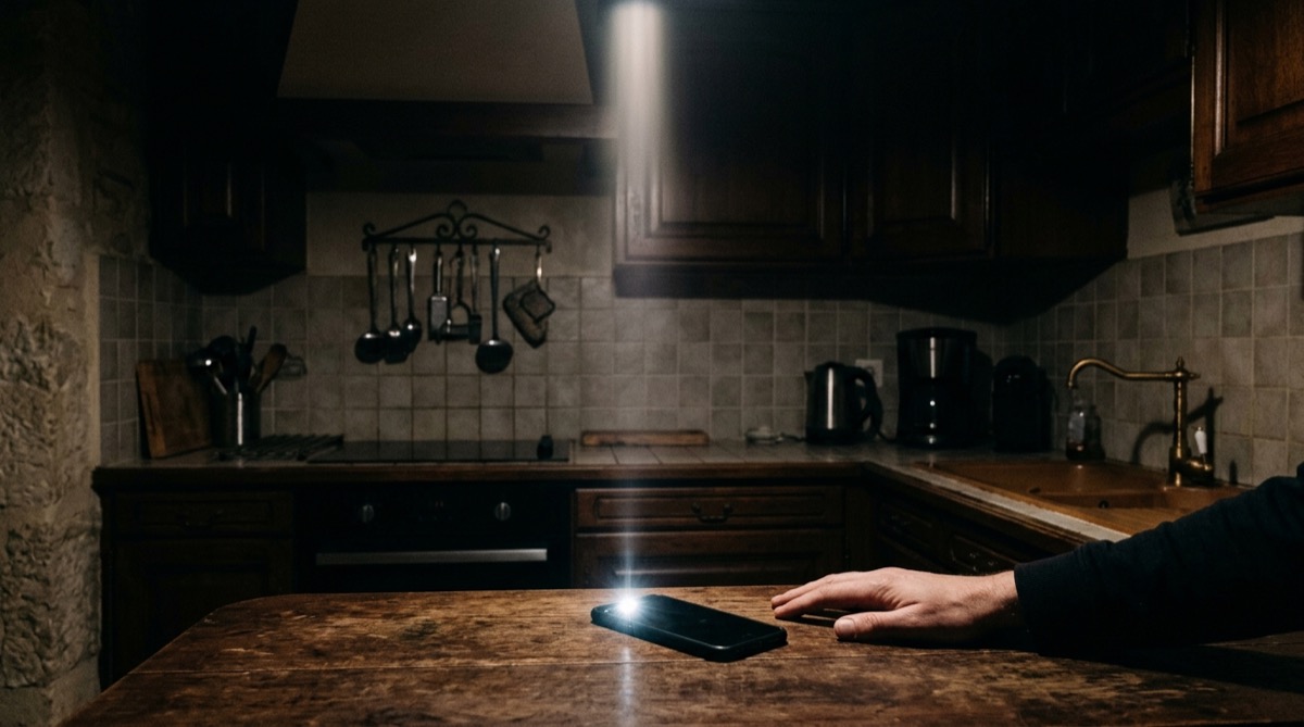 Personne au téléphone dans une cuisine plongée dans le noir, éclairée par la lumière d'un smartphone