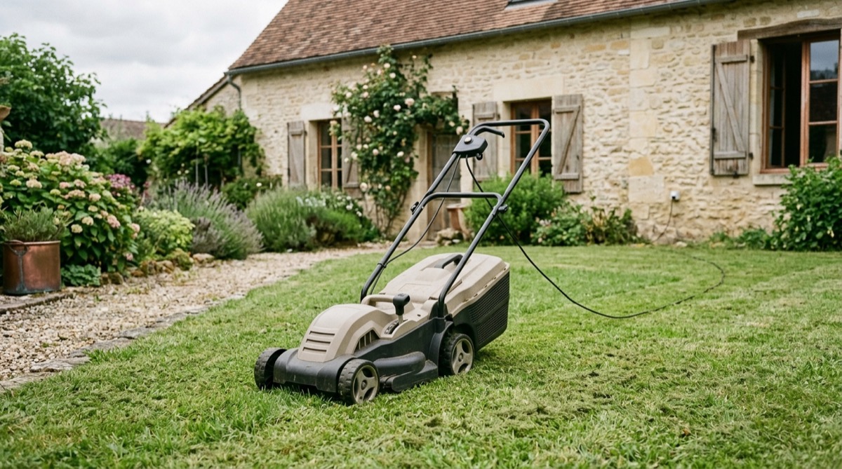 Rallonge électrique déroulée dans un jardin, reliée à une tondeuse électrique en cours d'utilisation