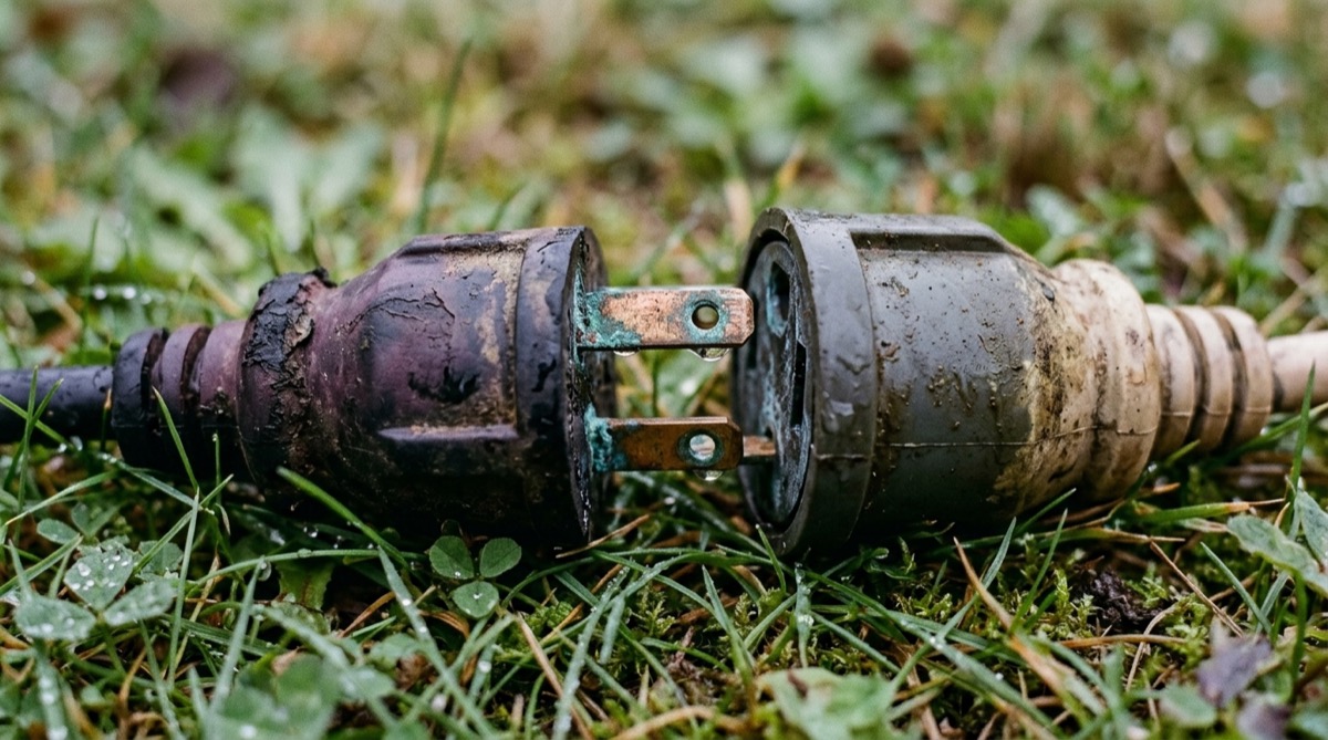 Connecteur de rallonge électrique posé sur l'herbe humide d'un jardin, traces d'oxydation visibles