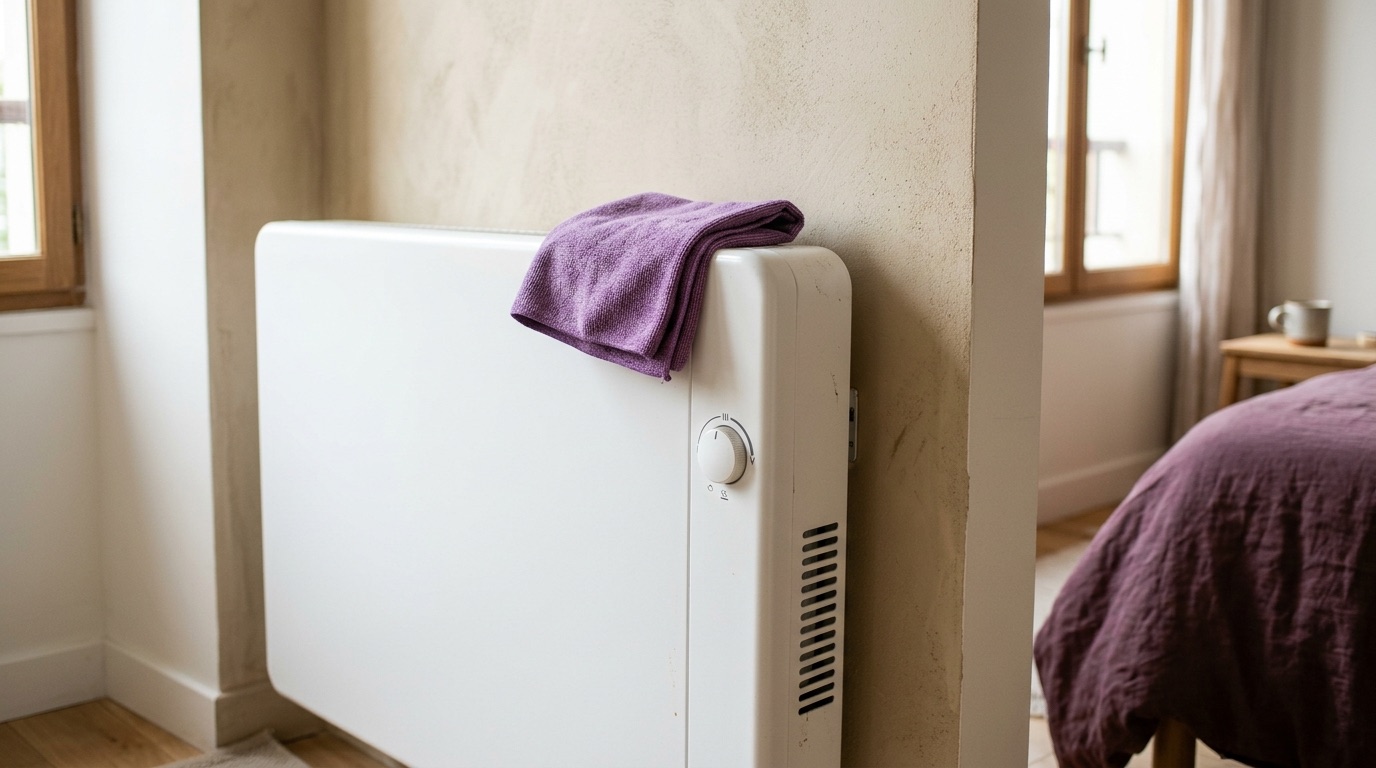 Radiateur électrique mural dans un séjour, lumière d'automne par la fenêtre