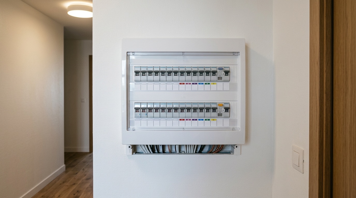 Tableau électrique récent dans un couloir, rangées de disjoncteurs et étiquettes de repérage