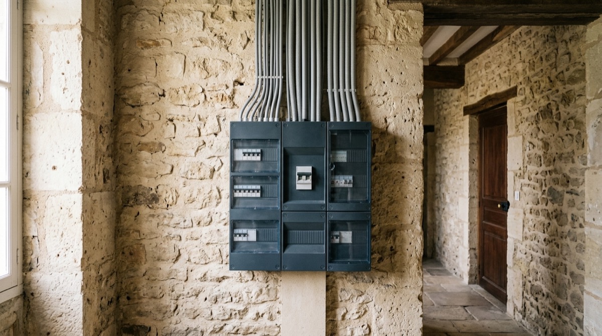 Tableau électrique récemment rénové dans le couloir d'une maison ancienne, murs en pierre apparente