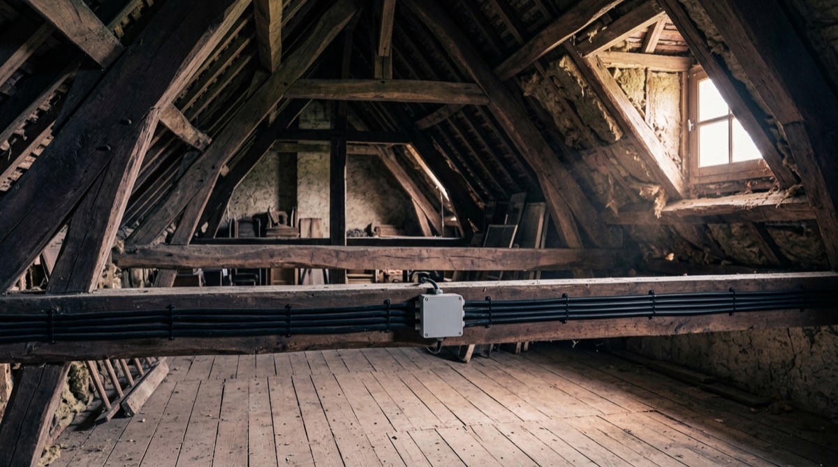 Combles d'une maison ancienne avec câbles électriques neufs posés le long d'une poutre en bois