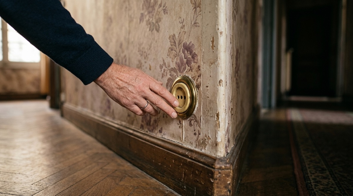 Main touchant une prise électrique murale dans un couloir d'appartement ancien